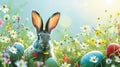 Curious Rabbit Amongst Colorful Easter Eggs and Spring Flowers in a Sunny Meadow