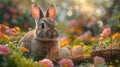 Curious rabbit in field with easter eggs Royalty Free Stock Photo