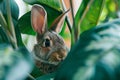 Curious Rabbit Peeking Through Green Leaves