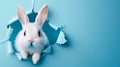 Curious Rabbit Peeking Through a Torn Blue Paper Wall. Generative ai Royalty Free Stock Photo