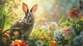 A curious rabbit peeks through a colorful array of spring flowers, bathed in the soft, warm light of a spring morning