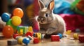 Curious rabbit playing with toys