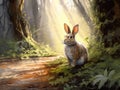 Curious Rabbit Venturing Through a Serene Woodland Landscape