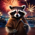 A curious raccoon lighting a sparkler in front of a backdrop of fireworks3 Royalty Free Stock Photo