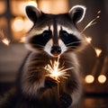 A curious raccoon lighting a sparkler in front of a backdrop of fireworks2 Royalty Free Stock Photo