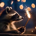 A curious raccoon lighting a sparkler in front of a backdrop of fireworks1