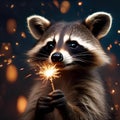 A curious raccoon lighting a sparkler in front of a backdrop of fireworks4