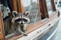 curious raccoon peeking out of boat cabin window