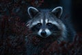 Curious raccoon peeking out from forest shrubs at dusk Royalty Free Stock Photo