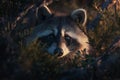Curious raccoon peeking out from forest shrubs at dusk Royalty Free Stock Photo