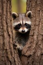 A curious raccoon peering out from behind a tree trunk