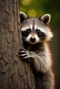 A curious raccoon peering out from behind a tree trunk