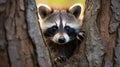 A curious raccoon peering out from behind a tree trunk Royalty Free Stock Photo