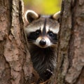 A curious raccoon peering out from behind a tree trunk