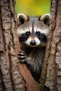 A curious raccoon peering out from behind a tree trunk