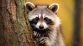 A curious raccoon peering out from behind a tree trunk