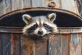 Curious raccoon peering out of a rusty metal garbage bin