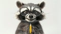 A curious raccoon wearing glasses in a bright, simple studio environment Royalty Free Stock Photo