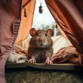 A curious rat stands at the entrance of a tent, peeking out into the surrounding area.