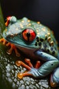 Curious red eyed tree frog hiding in green background leaves macro treefrog animal looking in tropical jungle