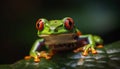 Curious red eyed tree frog sitting on wet leaf in Amazon generated by AI