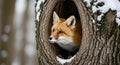 Curious red fox peeking out from a hollow tree trunk in a snowy forest Royalty Free Stock Photo