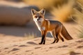 Curious red fox standing on a sandy desert dune, gazing at the camera with a captivating expression Royalty Free Stock Photo