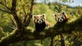 Curious red pandas playfully interacting in a treetop haven