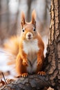 Curious Red Squirrel, with Bright Orange Fur, Sitting Alertly on a Tree Branch in the Forest Royalty Free Stock Photo