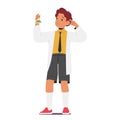 Curious Schoolboy Character Hold Chemical Flask Exploring Wonders Of Science And Discovery. Eager To Learn Chemistry