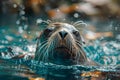 Curious Seal Emerges from Water with Whiskers Glistening, Wildlife Encounter in Sunlit Ocean