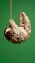 Curious sloth hangs upside down displaying its long claws on a rope with a solid green background Royalty Free Stock Photo