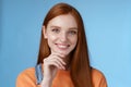 Curious smart creative young female redhead blue eyes have perfect idea how spend summer vacation smiling joyful look