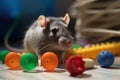 A curious and social rat playing with toys, such as a small ball or a tunnel. Generative AI