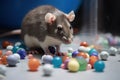 A curious and social rat playing with toys, such as a small ball or a tunnel. Generative AI