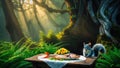 Enchanted Forest: Squirrel and Festive Fish Dish on a Mystical Table Royalty Free Stock Photo