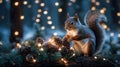 Adorable Squirrel with Christmas Lights and Pine Cones Royalty Free Stock Photo