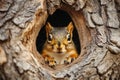 Curious squirrel peeking from tree hollow, its bright eyes observing Royalty Free Stock Photo
