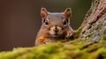 Squirrel peering from a tree trunk surrounded by vibrant moss in a serene forest setting at dawn Royalty Free Stock Photo