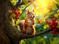 curious squirrel perched on a branch, nibbling on a freshly fruits