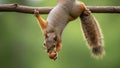 Clever squirrel hangs upside down holding nut on a branch Royalty Free Stock Photo