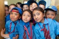 Curious students look out of the classroom at Lamdon school in Nubra Valley, India