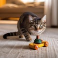 A curious tabby cat with bright eyes, investigating a new toy with interest2