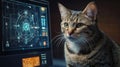 Curious tabby cat observing futuristic computer screen displaying hologram