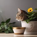 A curious tabby cat peeking out from behind a flower pot, with a mischievous glint in its eyes3