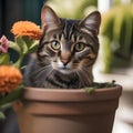 A curious tabby cat peeking out from behind a flower pot, with a mischievous glint in its eyes5