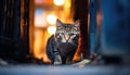 Curious Tabby Cat Peeking Through Rustic Window with Warm Bokeh Lights, AI Generated