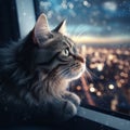 A curious tabby cat sits near the window generative AI