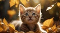 Adorable Kitten Among Autumn Leaves in Golden Sunlight Royalty Free Stock Photo