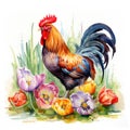 Curious Watercolor Hen Pecking at Grains Surrounded by Vibrant Tulips AI Generated Royalty Free Stock Photo